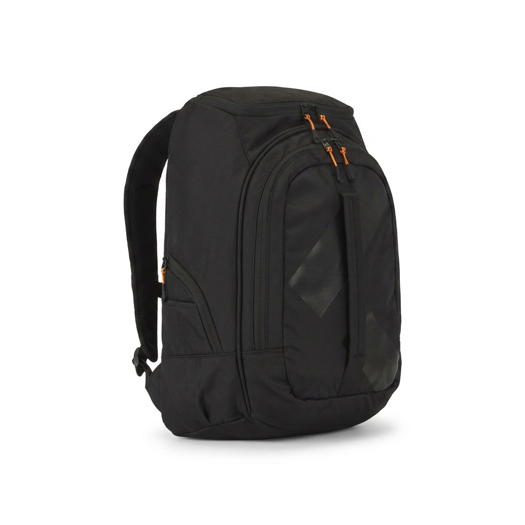 A photorealistic studio photo of the black Bugatti Junior Boot Backpack angled to the left.