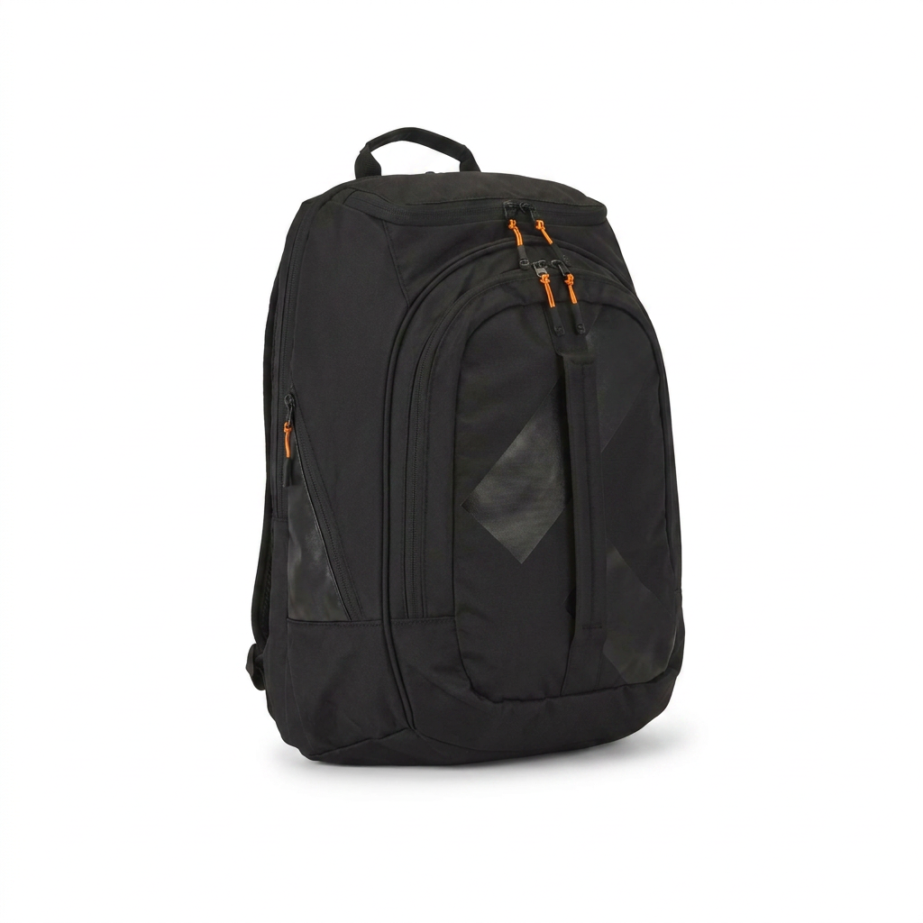 A photorealistic product photograph of the black Bugatti K&B Sport Junior Peak Boot Backpack, angled to the right, on a pure white background with a soft natural shadow.