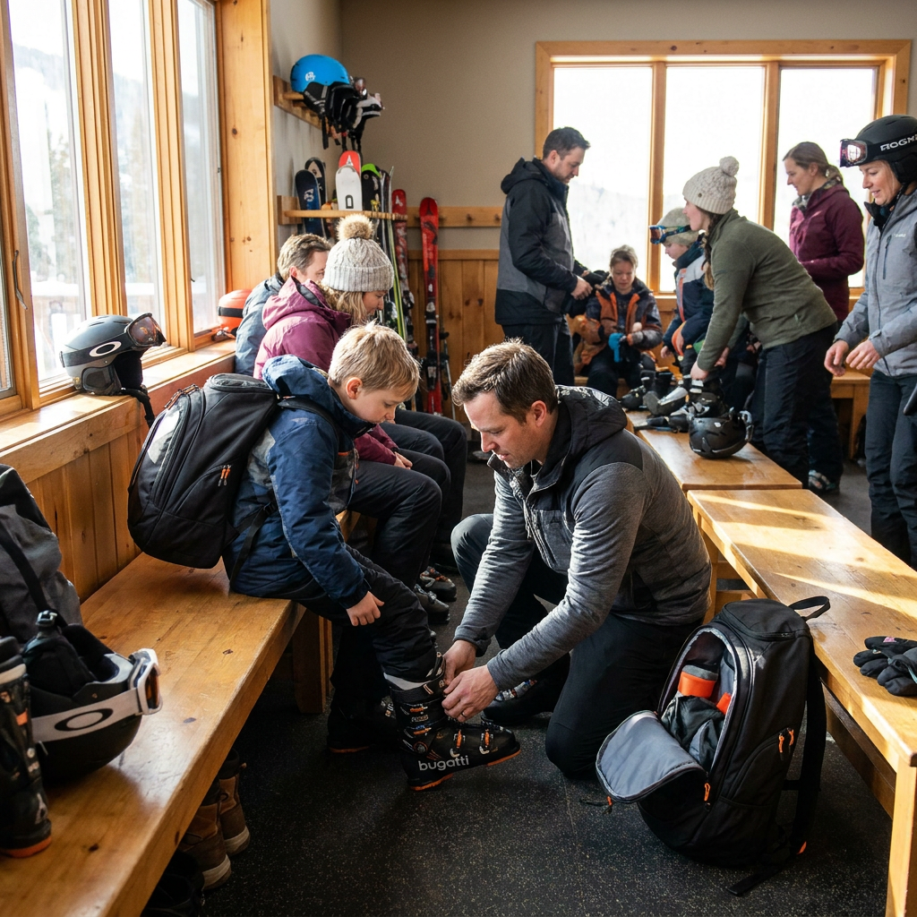 A photorealistic lifestyle photo inside a sunlit ski lodge. A father helps his young child, both wearing the black Bugatti K&B Sport Junior Peak Boot Backpack with orange accents, put on ski boots on a wooden bench. Other families are preparing for skiing in the background.