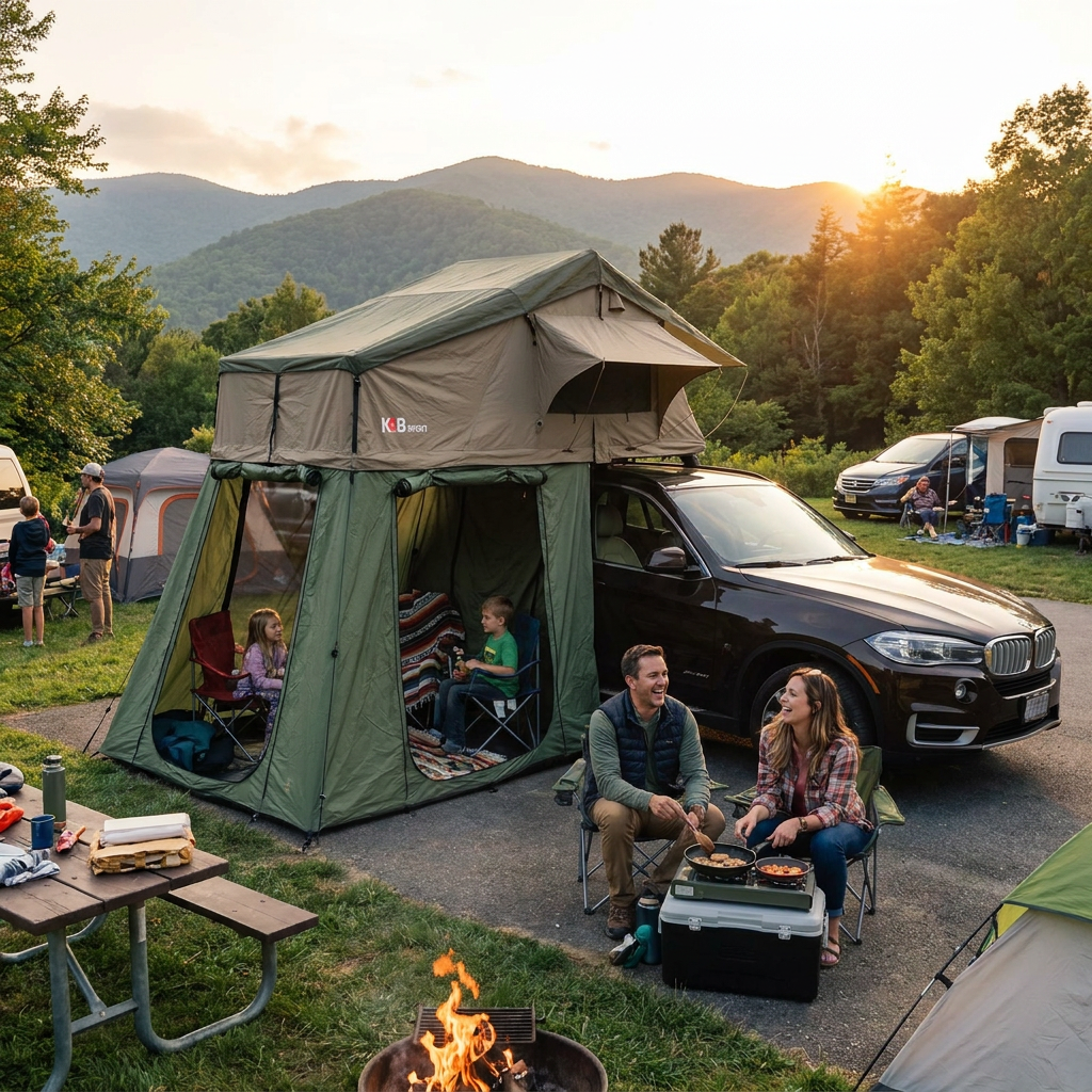 A family enjoys a sunset campsite, using the green Bugatti K&B Sport rooftop tent and annex on their SUV.