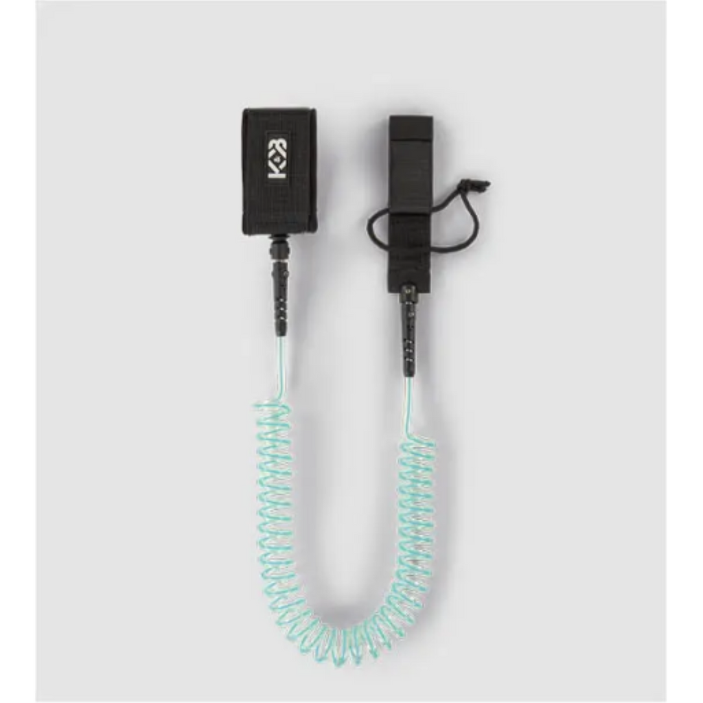 K&B Sport 10ft coiled teal TPU paddle board leash with black padded ankle cuff and rail saver.