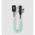 K&B Sport 10ft coiled teal TPU paddle board leash with black padded ankle cuff and rail saver.