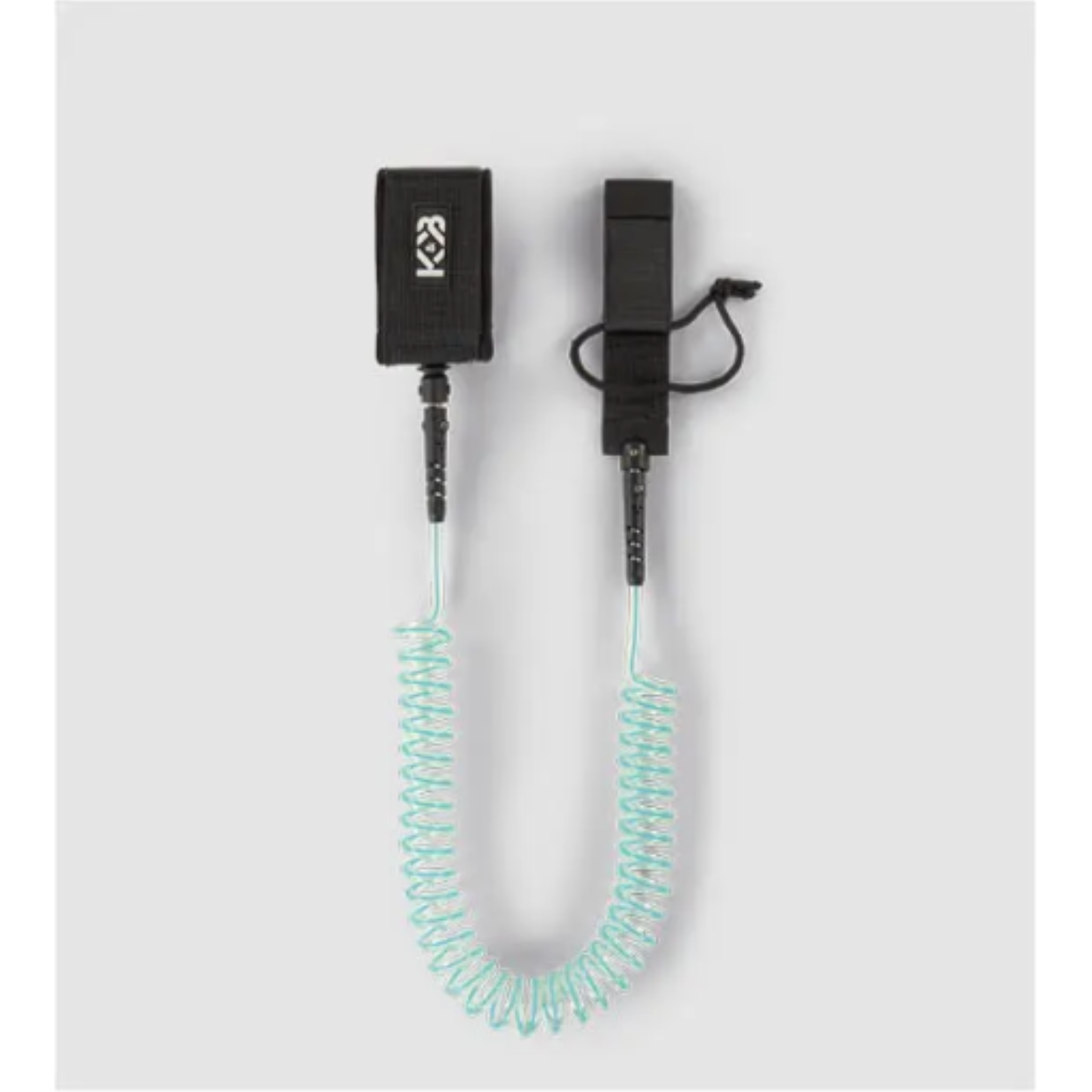 K&B Sport 10ft coiled teal TPU paddle board leash with black padded ankle cuff and rail saver.