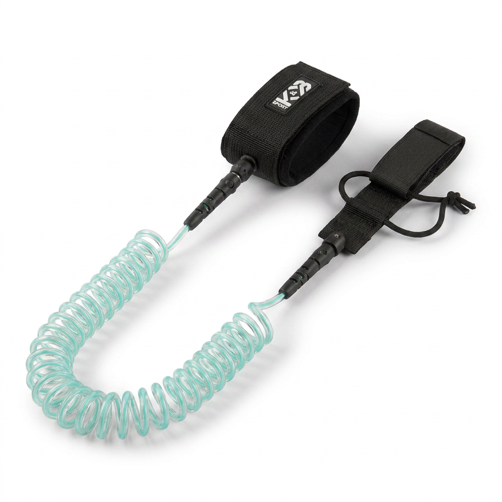 A photorealistic studio shot of the teal Bugatti K&B Sport Coiled Paddle Foot Leash, angled to show the left side and centered on a pure white background with a soft shadow.