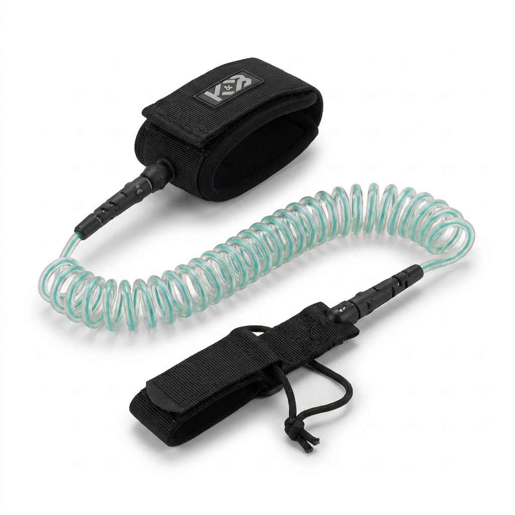 A photorealistic studio photo of the teal and black Bugatti K&B Sport coiled paddle foot leash, angled from the right on a pure white background with a soft shadow.