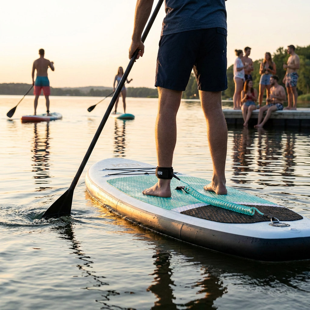 A person stands on a paddleboard at sunset, using the Bugatti K&B Sport Coiled Paddle Foot Leash. The teal cord connects their ankle to the board, with friends in the background.