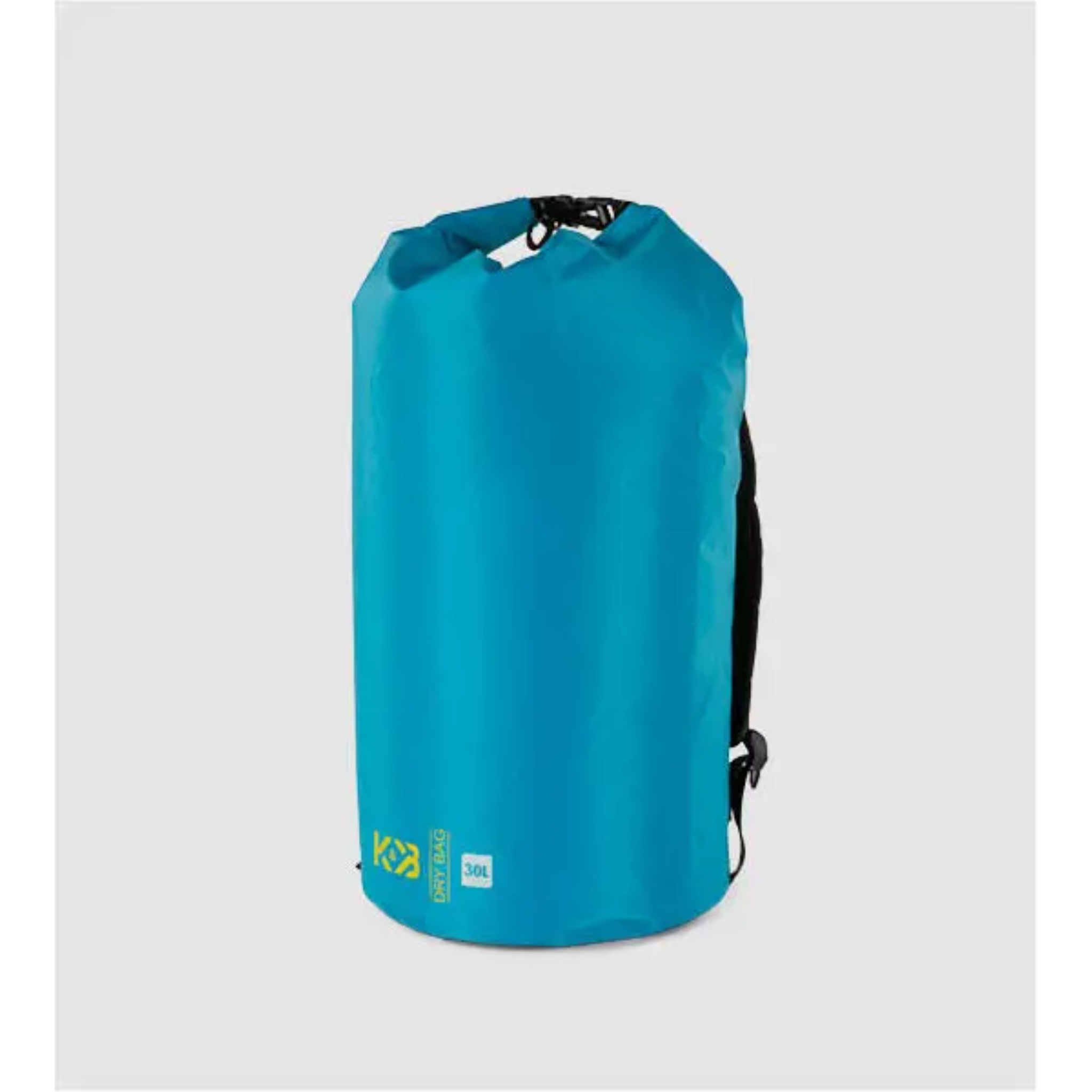 Teal Kelsall 30L waterproof dry bag with roll-top closure, backpack straps, and yellow logos.