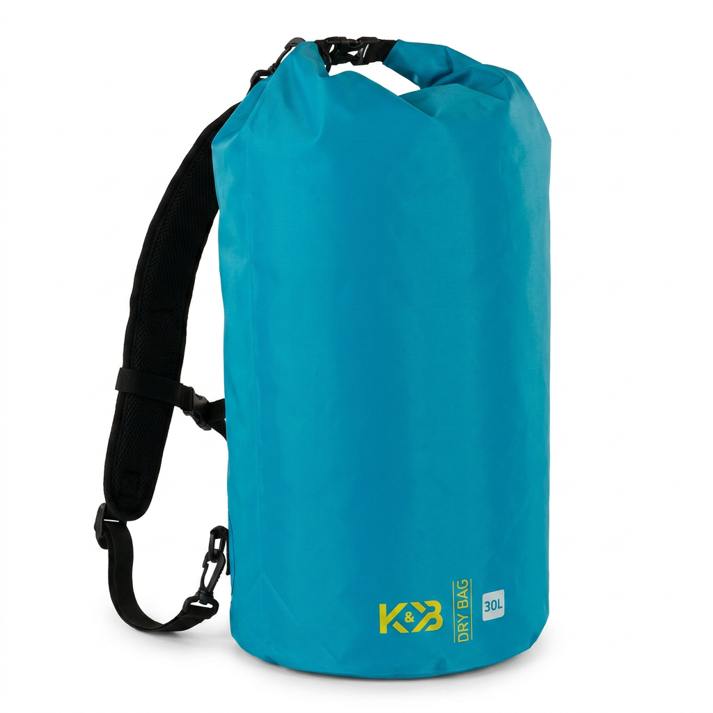 A photorealistic studio product photo of the turquoise Bugatti K&B Sport Kelsall Dry bag 30L on a pure white background, angled to show its left side and padded shoulder strap.