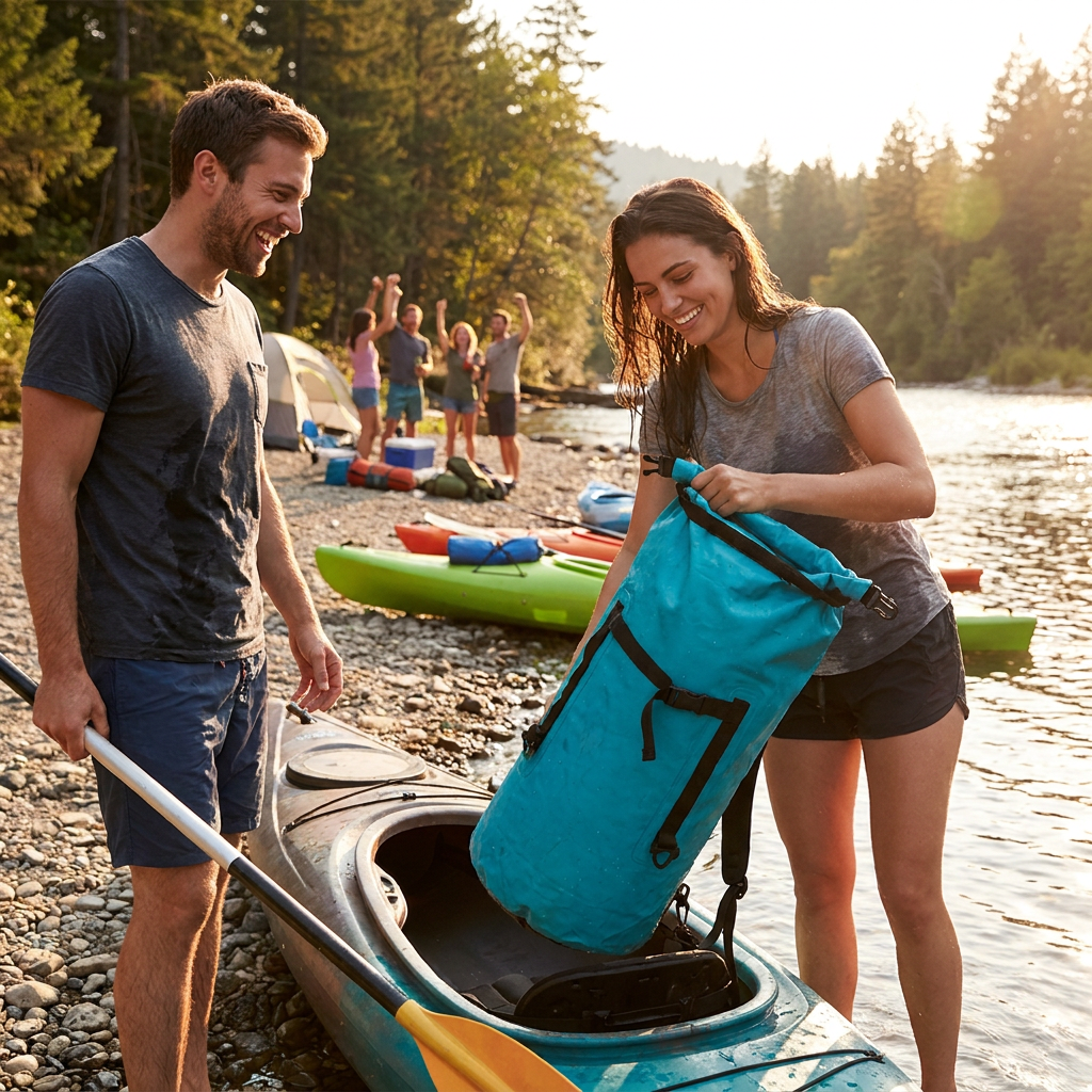 A woman happily unloads the teal Bugatti K&B Sport Kelsall Dry bag from a kayak on a sunny riverbank, with friends camping in the background.