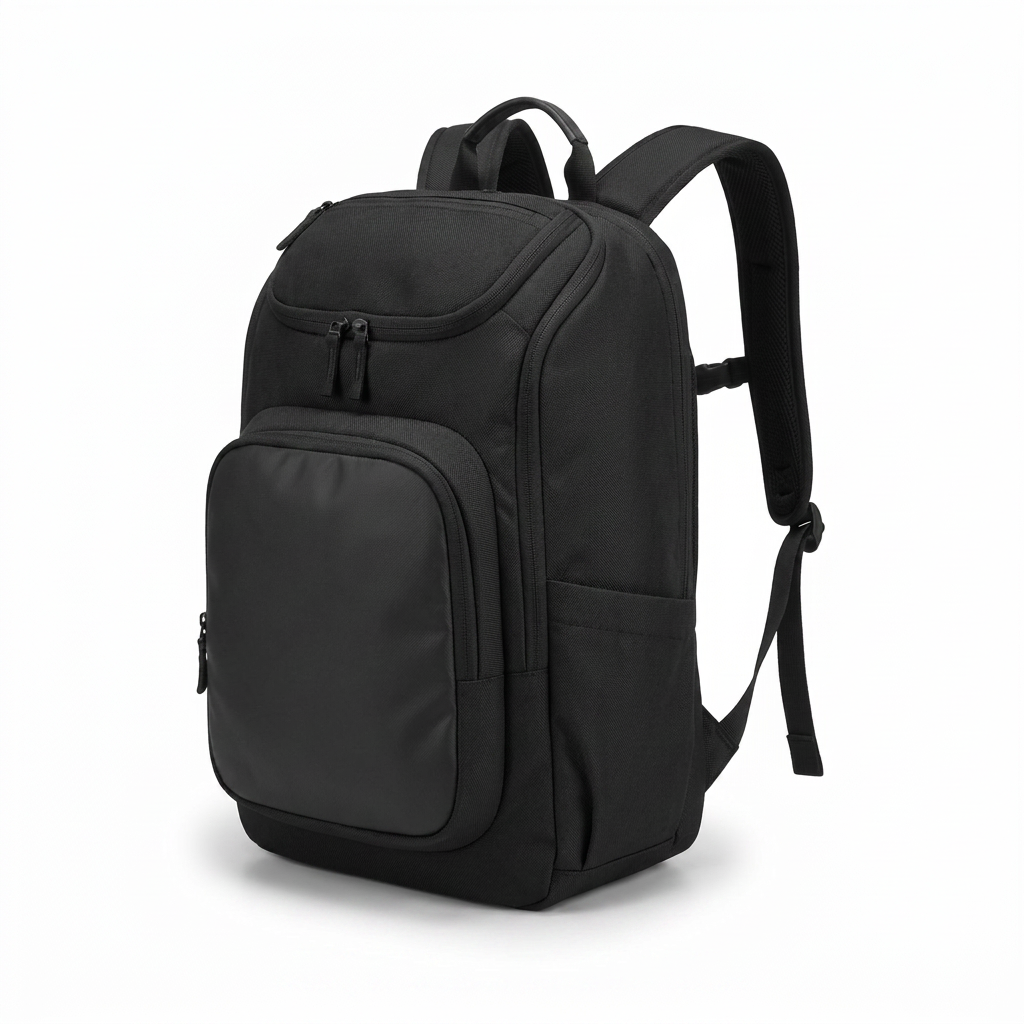 A photorealistic studio photograph of the black Bugatti K&B Sport Aspen Ski Boot Backpack, centered on a pure white background with a soft natural shadow, shown from a left-angled perspective.