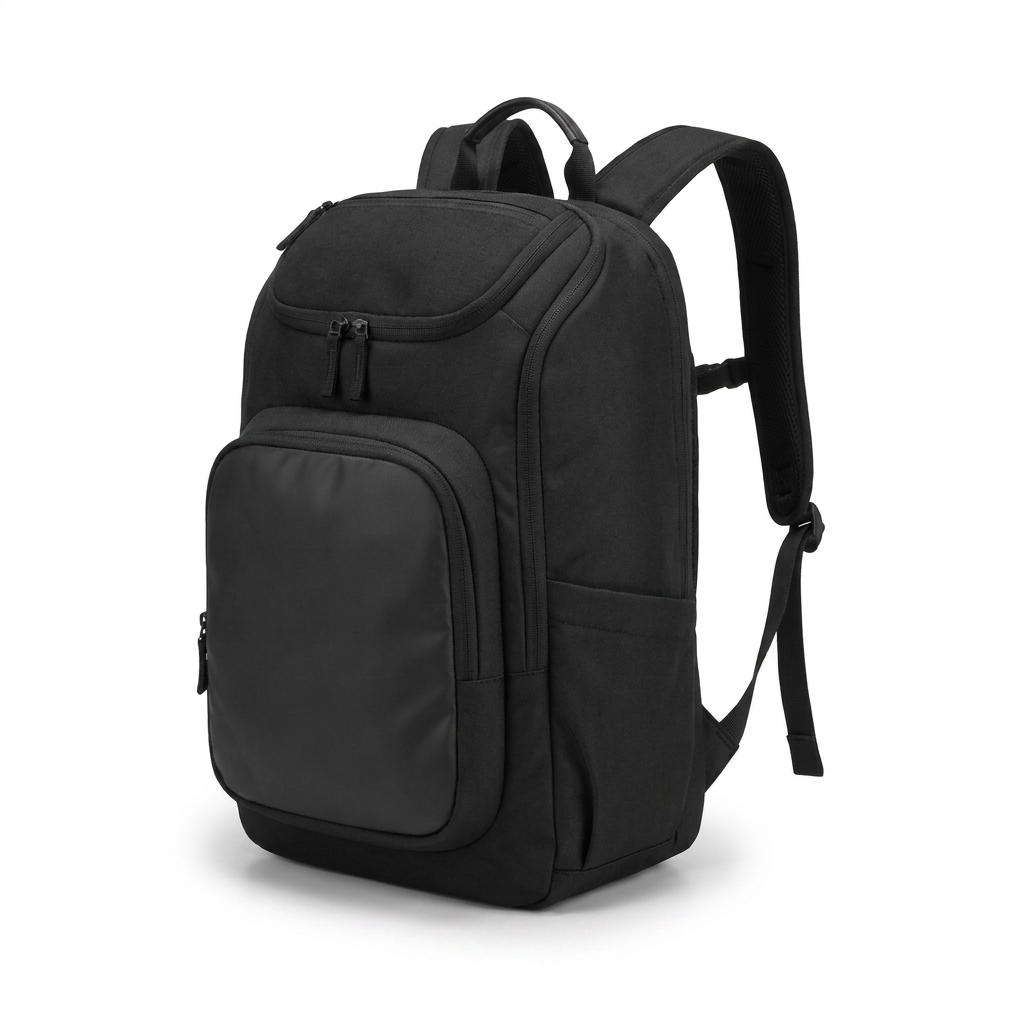 A photorealistic studio product photo of a black Bugatti K&B Sport Aspen Ski Boot Backpack, angled to show the front and right side against a pure white background with a soft shadow.