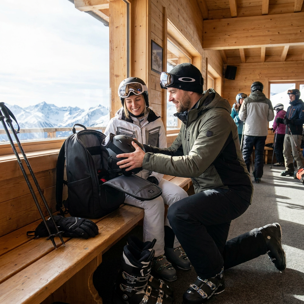 A couple in a ski lodge, with a man kneeling to pack a helmet into the black Bugatti Aspen Ski Boot Backpack.
