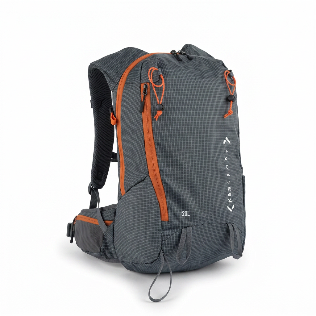 A photorealistic studio photograph of the charcoal K&B Approach Touring Ski Backpack, angled to the left against a pure white background with a soft shadow.