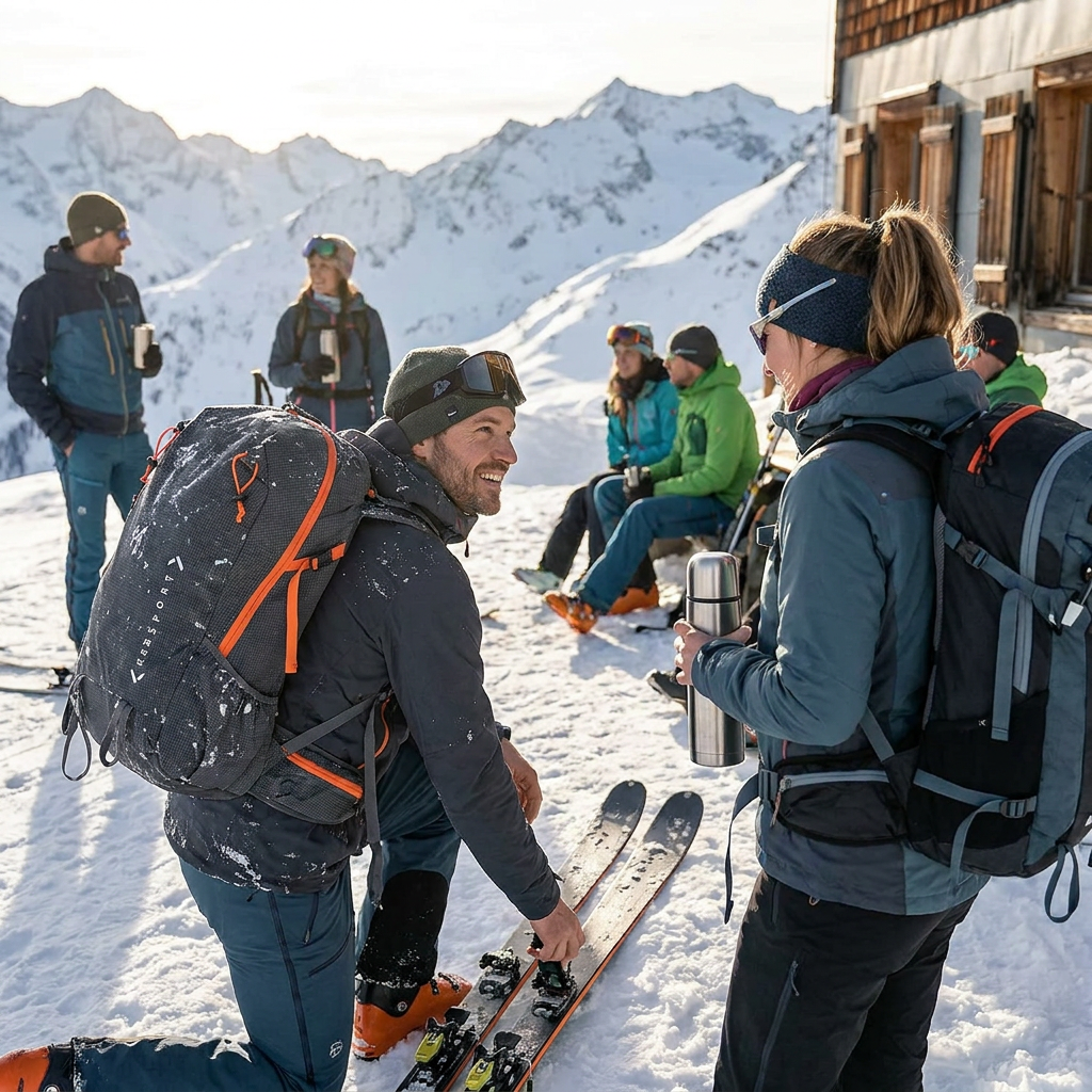A group of backcountry skiers break for lunch at a mountain hut, with one man prominently wearing the charcoal and orange Bugatti K&B ski backpack from the reference image, showing it in its intended environment.