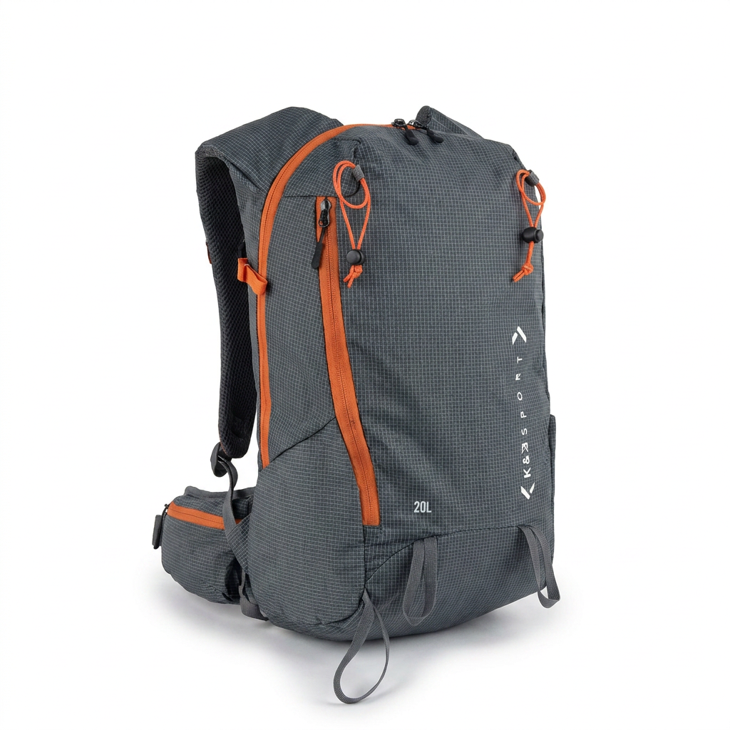 A photorealistic studio product photo of the charcoal K&B Approach Touring Ski Backpack, angled to show the right side on a pure white background with a soft shadow.