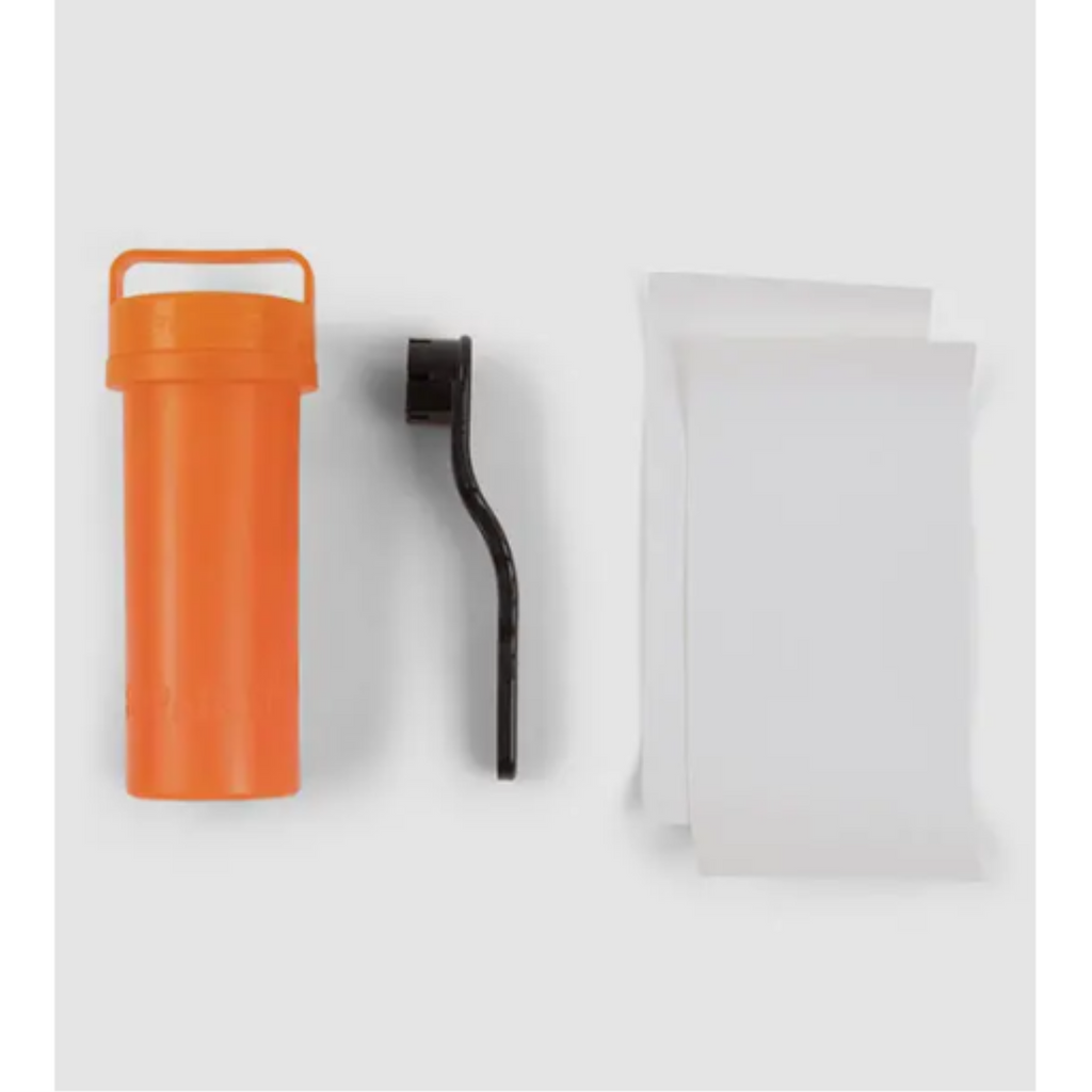 Inflatable paddle board repair kit including orange storage case, valve tool, and white PVC patches.