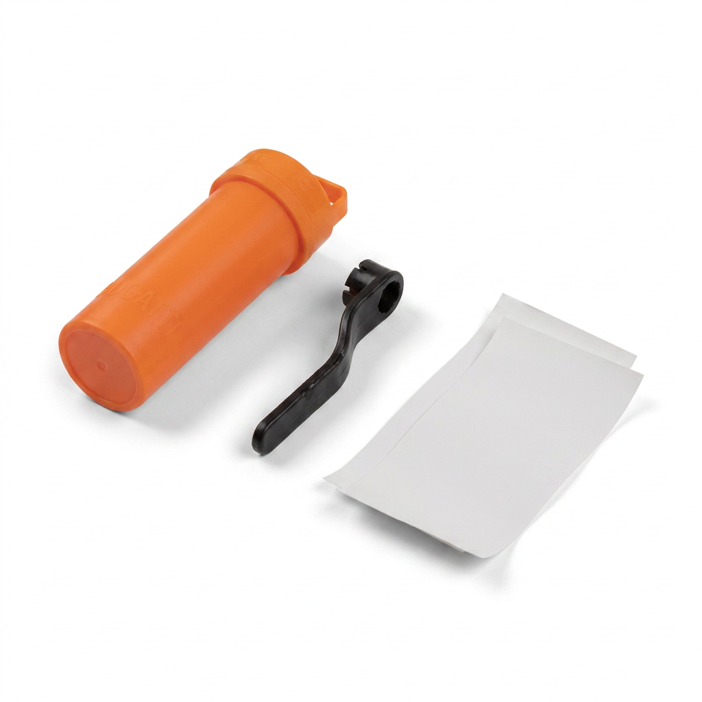Photorealistic studio product photo of the Bugatti K&B Sport Inflatable Paddle Board Repair Kit, featuring an orange container, black wrench, and white patches, angled on a pure white background.