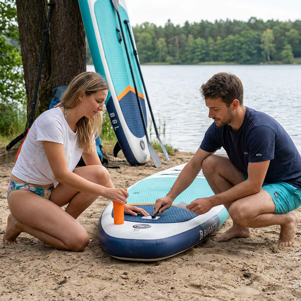 A couple uses the Bugatti K&B Sport Inflatable Paddle Board Repair Kit on a beach by a lake.