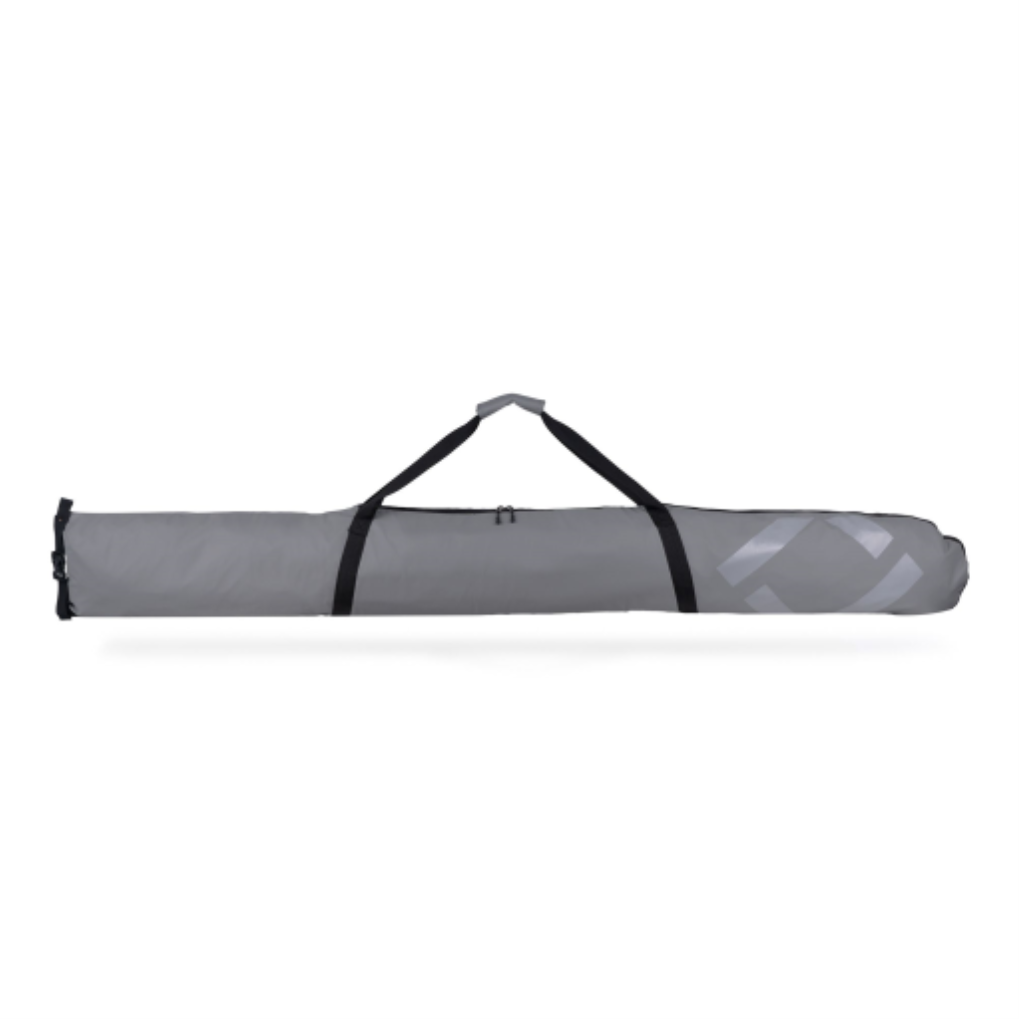 Grey adjustable padded ski bag with black carry straps and a white geometric logo.