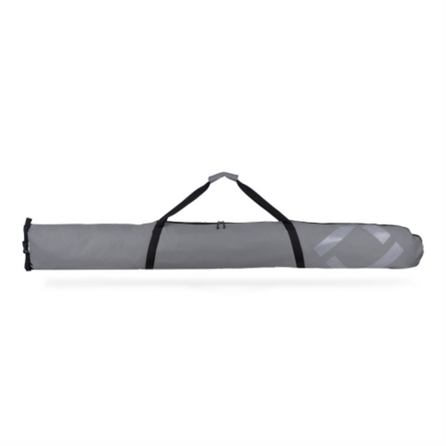 Grey adjustable padded ski bag with black carry straps and a white geometric logo.
