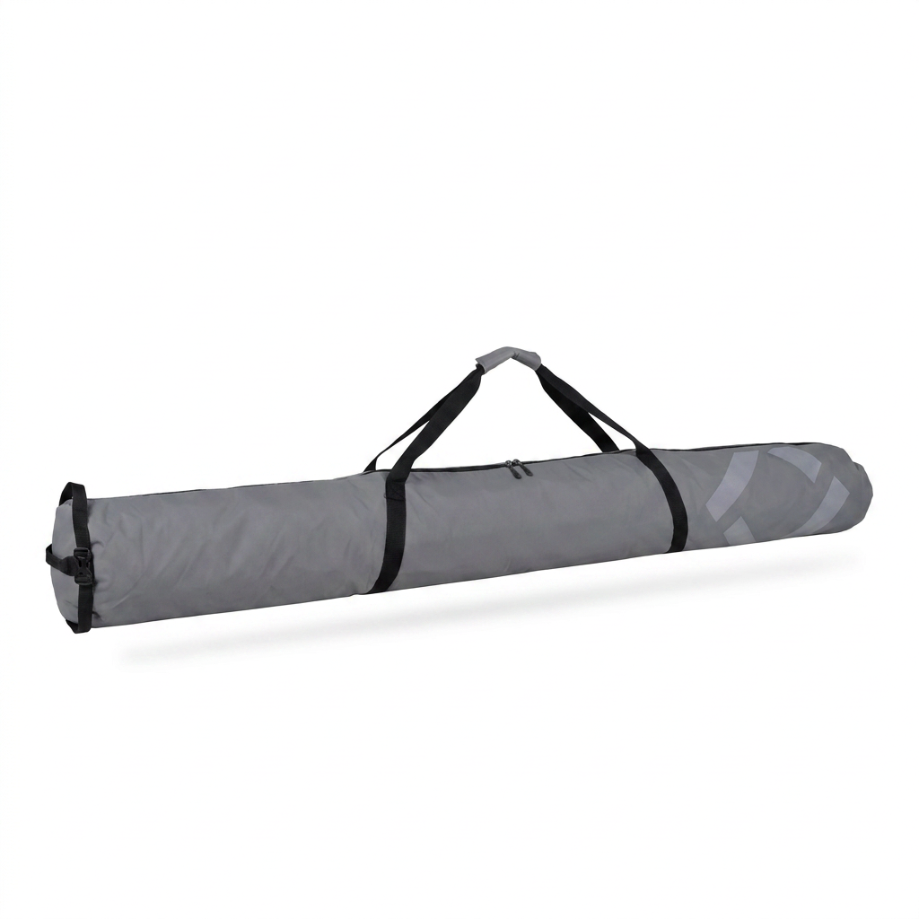Grey Bugatti K&B Sport Half Padded Ski Bag, angled to show the left end and side, isolated on a pure white background with a soft shadow.