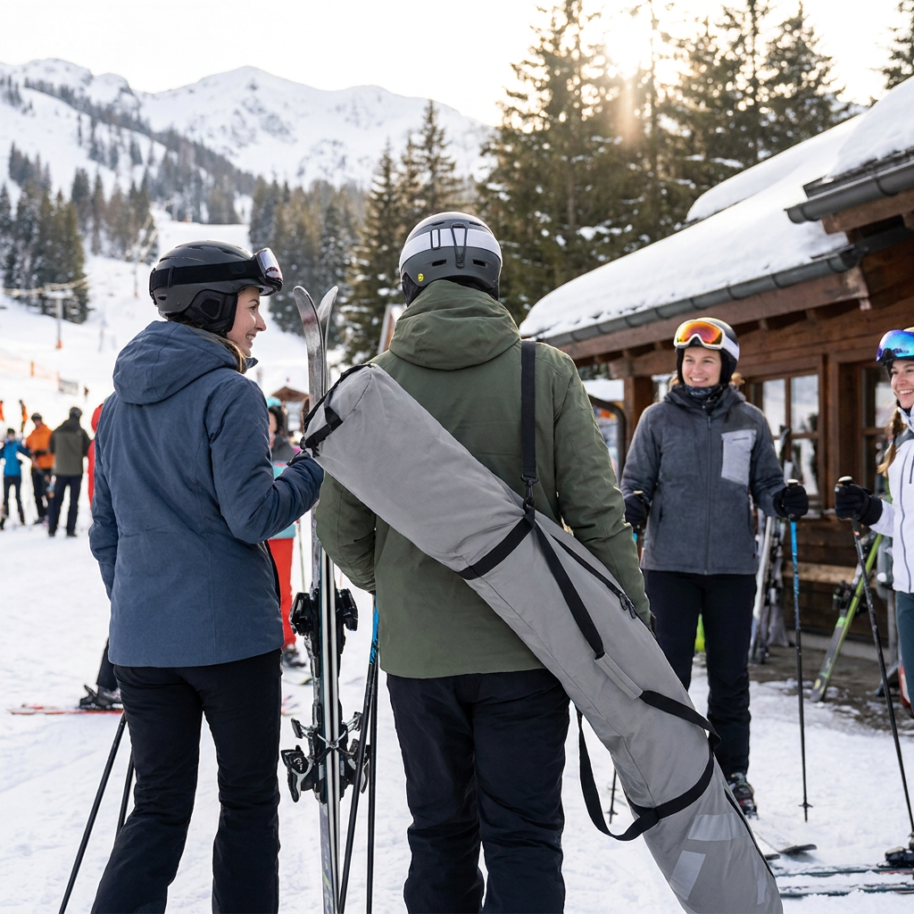 A group of friends at a snowy ski resort, with one man carrying the grey Bugatti ski bag over his shoulder.