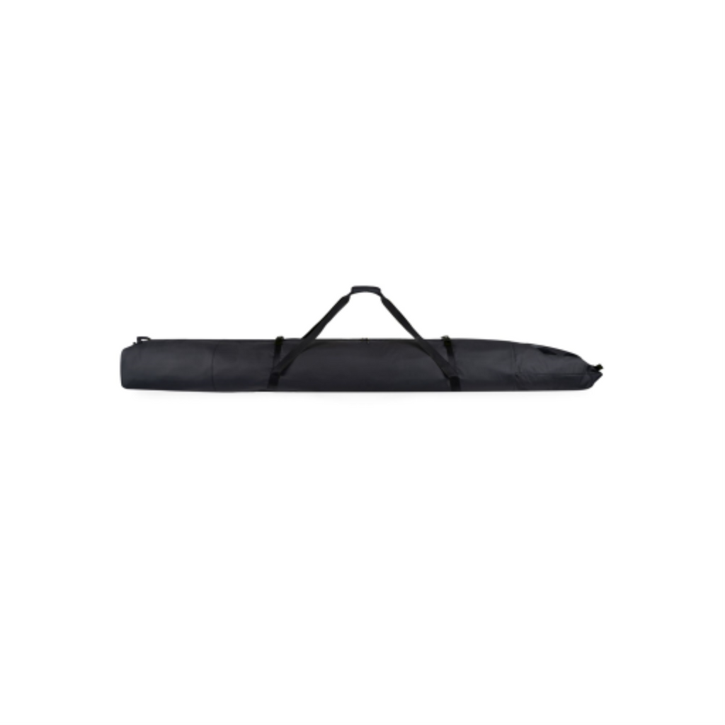 Heavy-duty black padded single ski bag with adjustable carrying straps, side profile.