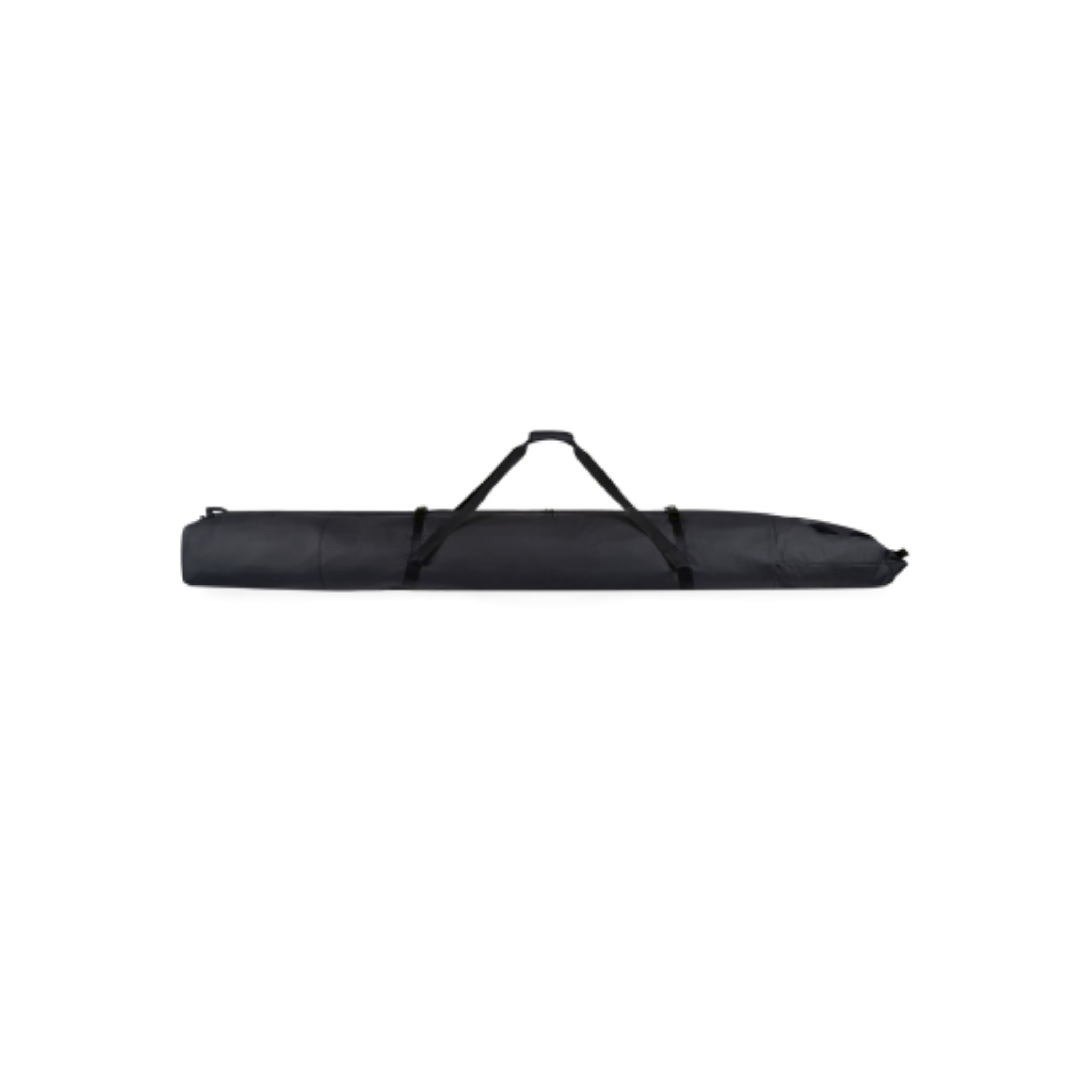 Heavy-duty black padded single ski bag with adjustable carrying straps, side profile.