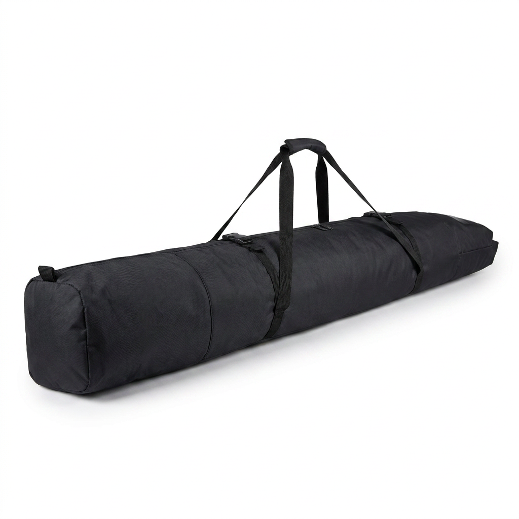 A photorealistic studio photograph of the black Bugatti K&B Sport ski bag, angled to show the left side and top, on a white background.