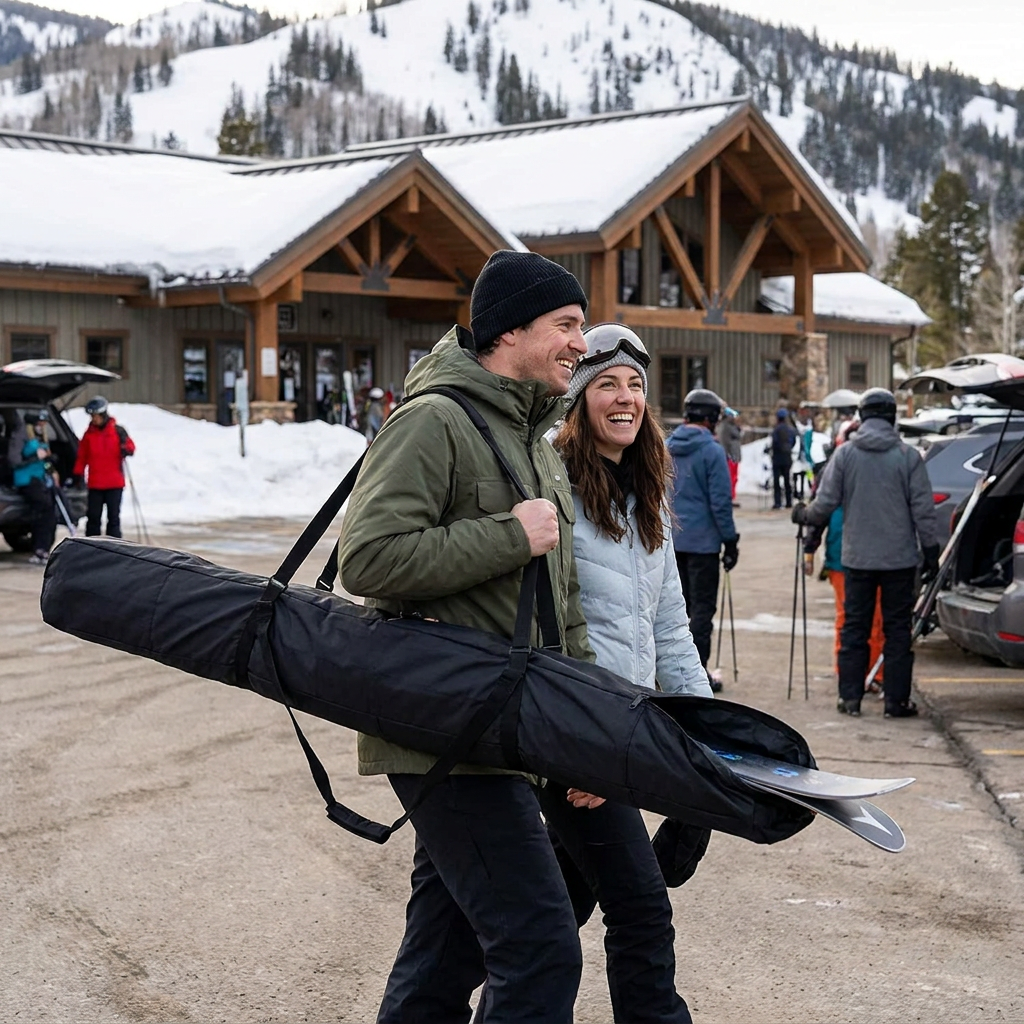 A smiling couple walks towards a ski lodge, the man carrying the black Bugatti K&B Sport ski bag over his shoulder.