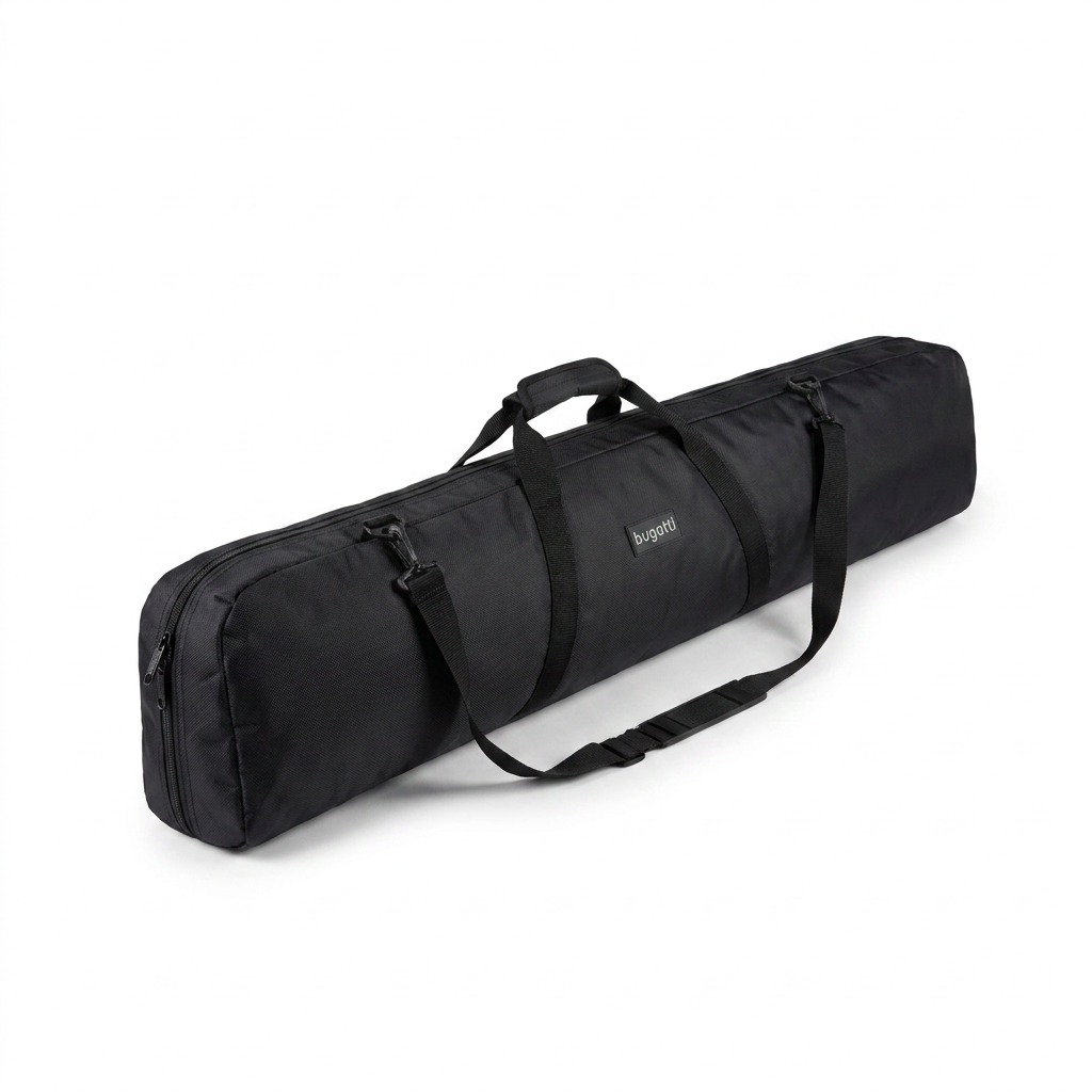 A photorealistic studio photograph of the black Bugatti single ski bag, angled to show its full length and features.