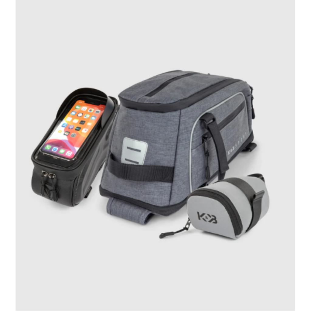 K&B Sport 3-piece silver and grey bike bag set including phone mount, trunk bag, and saddle bag.