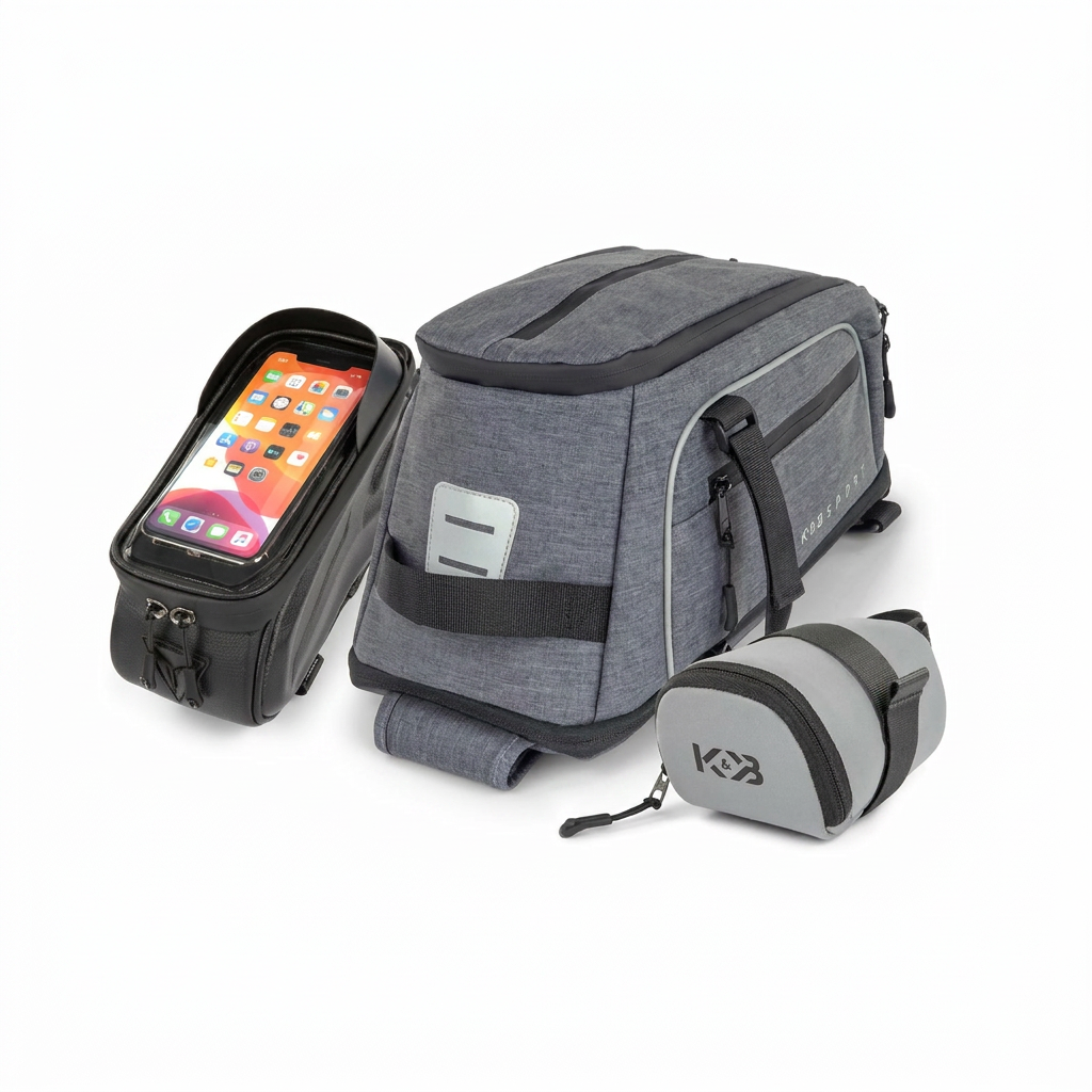 A photorealistic studio photograph of the three-piece Bugatti K&B Sport bike bag set, including a large grey trunk bag, a black smartphone holder with a phone, and a small cylindrical grey bag, arranged on a pure white background with a soft natural shadow and angled to the left.