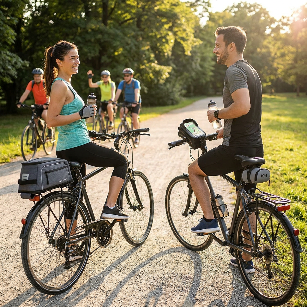 A couple on bicycles in a park uses the Bugatti K&B Sport bike adventure bags, including the rear trunk bag, phone holder, and under-seat bag. A group of other cyclists is in the background.