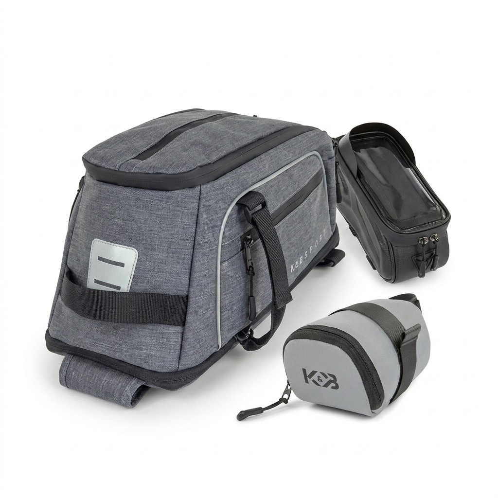 Bugatti K&B Sport 3 piece bike adventure set in silver, including pannier bag, handlebar bag, and saddle bag, angled to show right side on a pure white background with soft shadow.