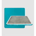 K&B Sport 10'x10' inflatable floating dock with a gray deck, white trim, and teal blue edges.