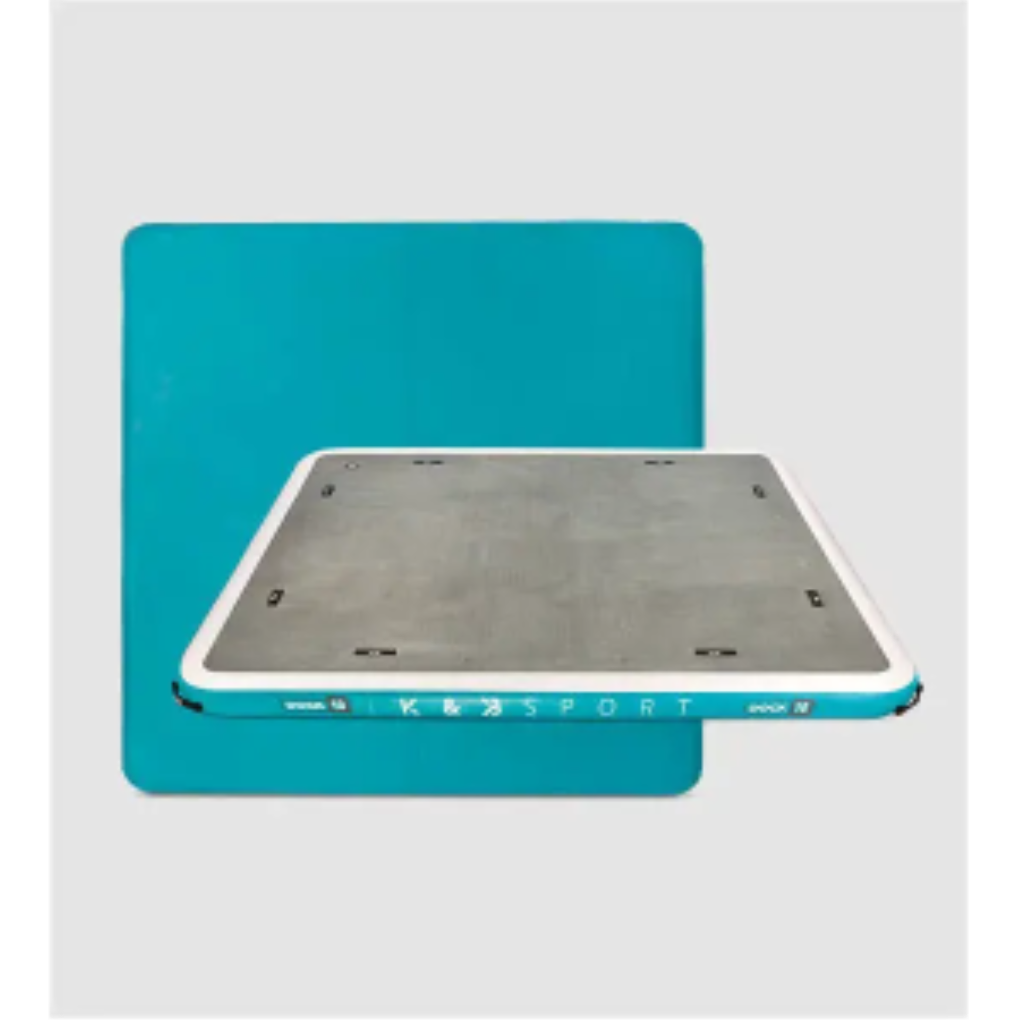 K&B Sport 10'x10' inflatable floating dock with a gray deck, white trim, and teal blue edges.