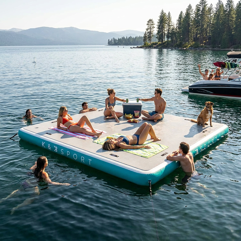 A group of friends and a dog enjoy a sunny day on the K&B Sport inflatable floating dock.