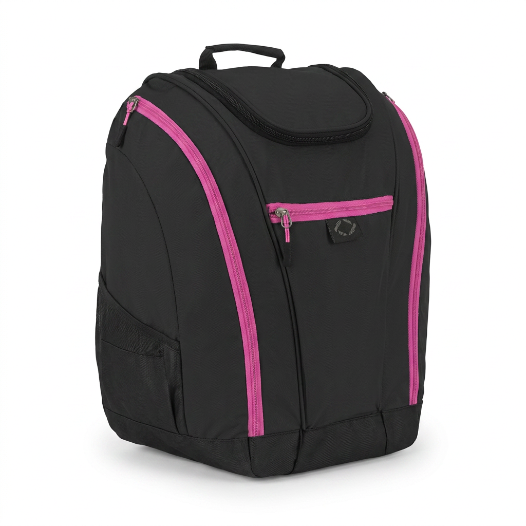 A photorealistic studio photo of the black and pink Bugatti K&B Sport Juniors' boot backpack, angled to show the left side on a white background with a soft shadow.