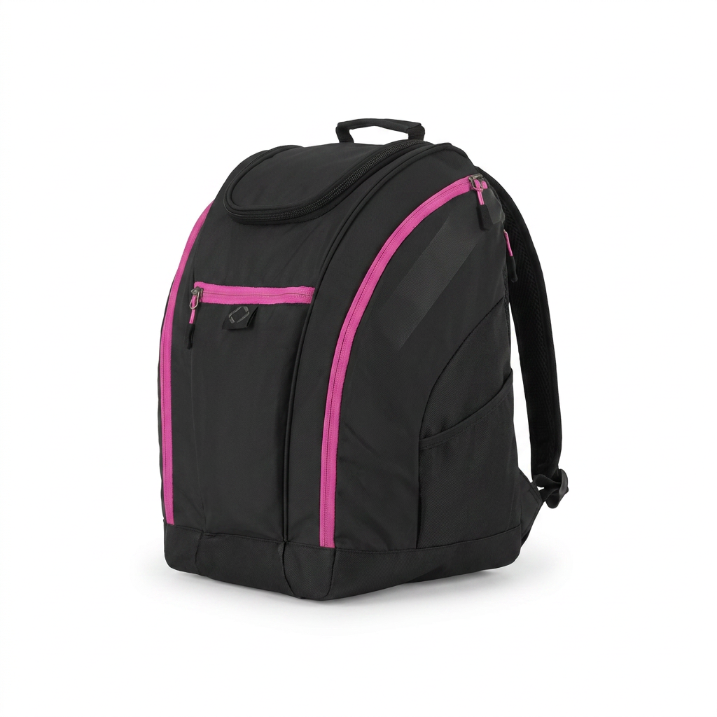 A photorealistic studio photograph of the black and pink Bugatti Junior Panorama boot backpack, angled to the right on a white background.