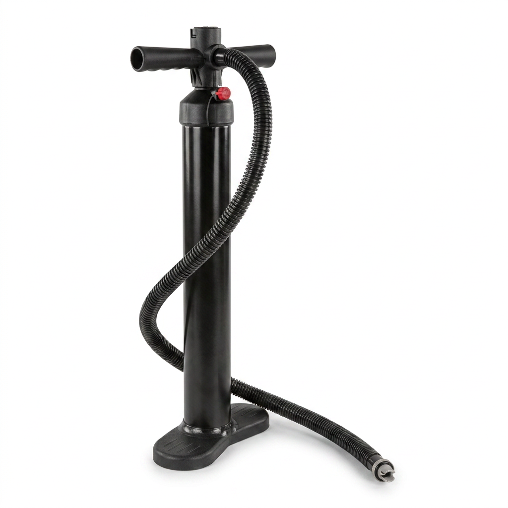 A photorealistic studio photograph of the black Bugatti K&B Sport Triple Action Pump, angled from the left on a pure white background with a soft shadow.