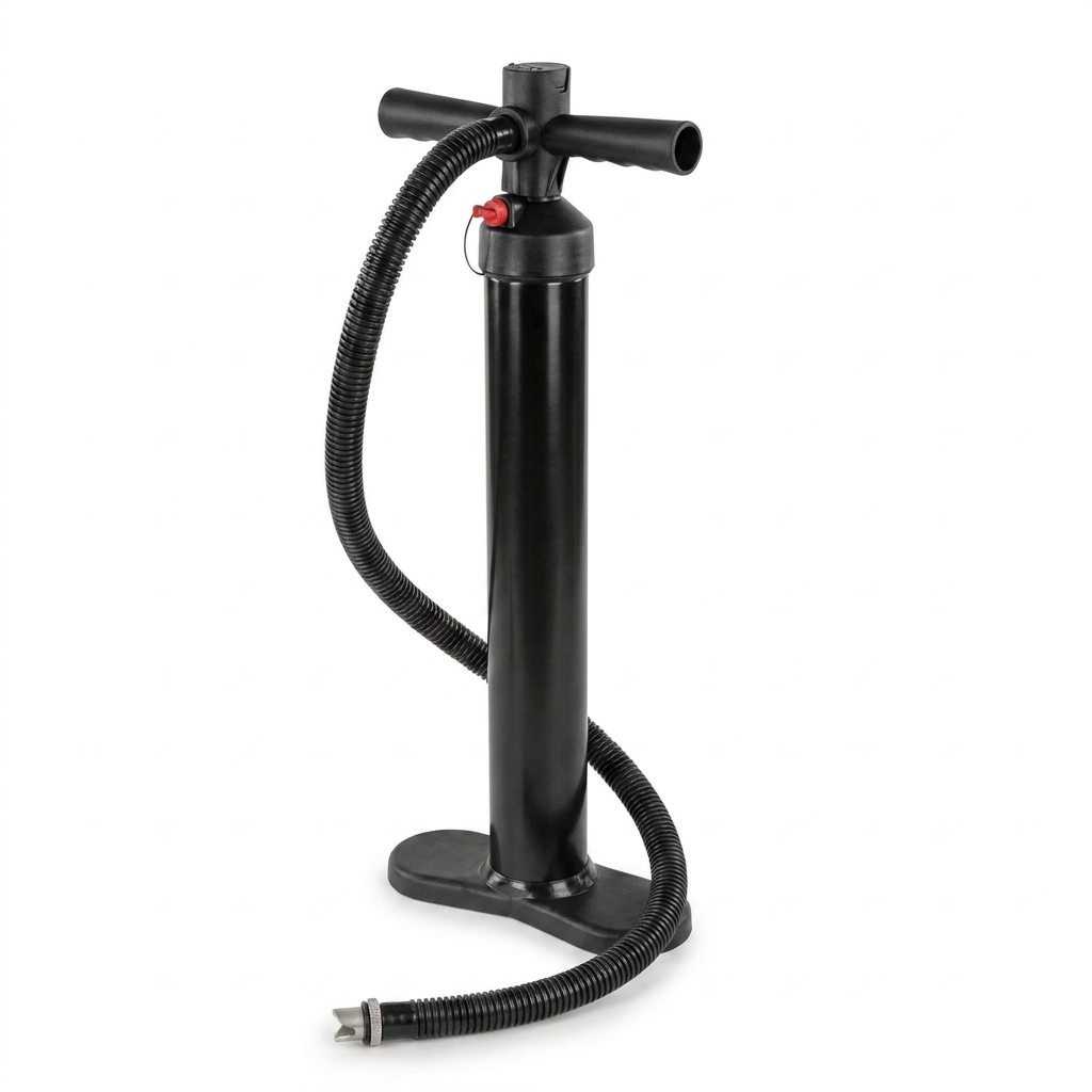 A right-angled studio view of the black Bugatti K&B Sport Triple Action Pump with hose and nozzle, on a pure white background with a soft shadow.