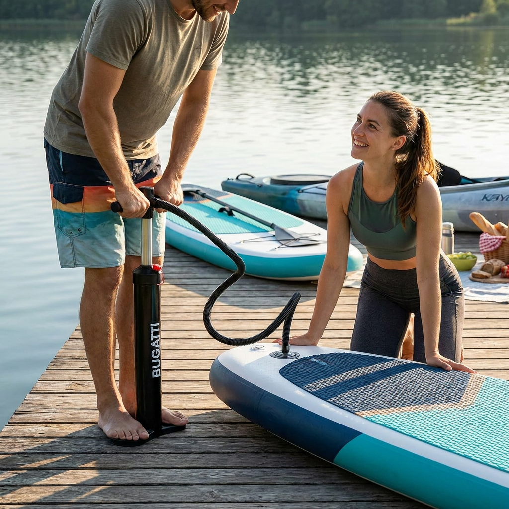 A lifestyle photo of a man and woman using the Bugatti Triple Action Pump to inflate a paddleboard on a lakeside dock.