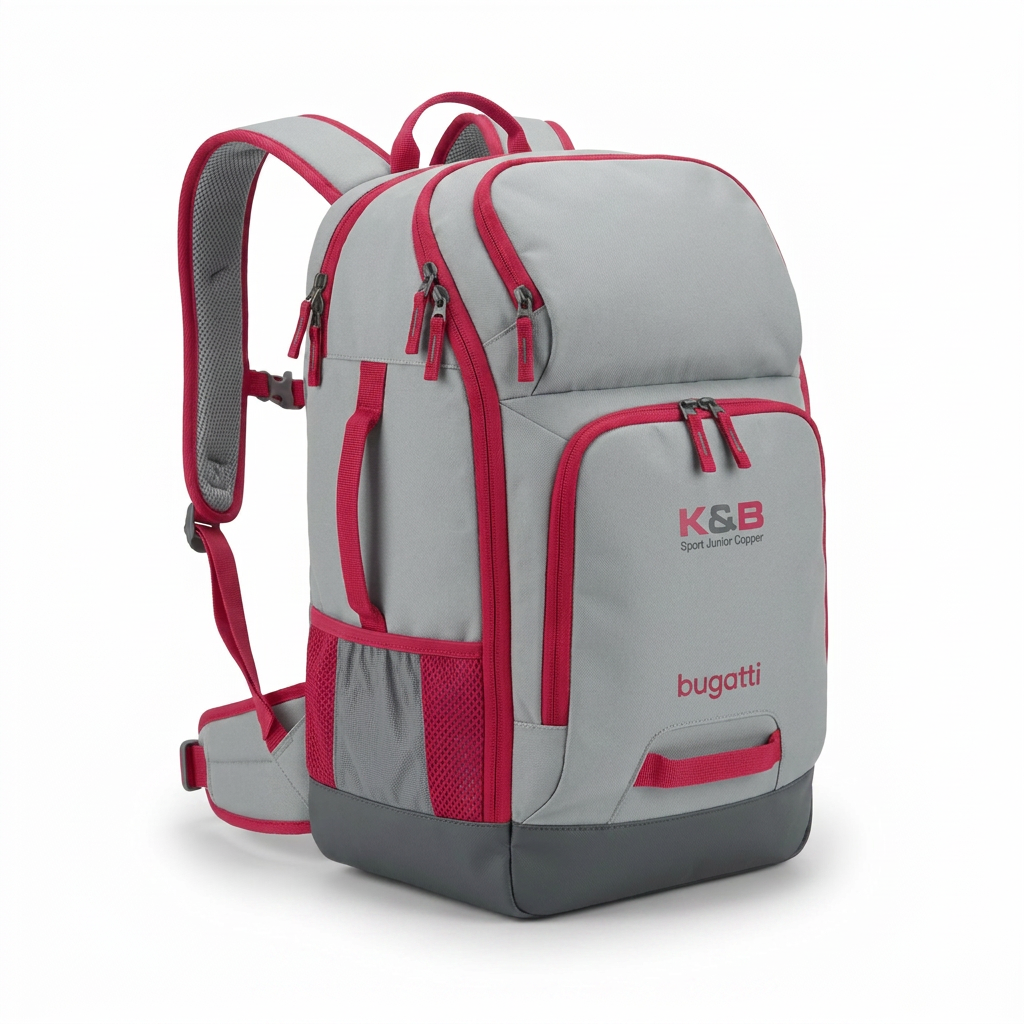A photorealistic studio photograph of the Bugatti K&B Sport Junior Copper Backpack in light grey and raspberry, shown from the left side on a pure white background with a soft shadow.
