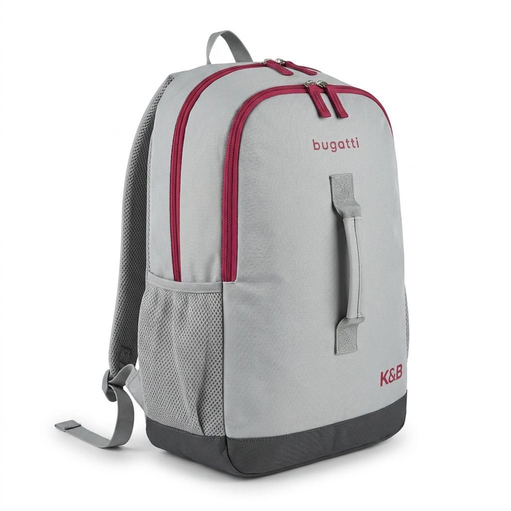 A photorealistic studio view of the light grey and raspberry Bugatti K&B backpack, angled on a white background.