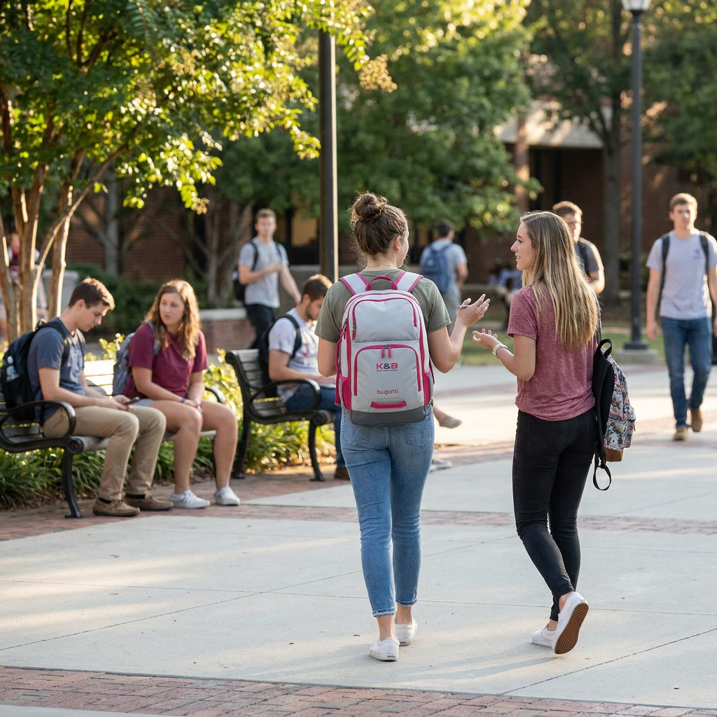 A young female student walks on a busy campus, wearing the grey and raspberry Bugatti K&B Junior backpack, talking with a friend.