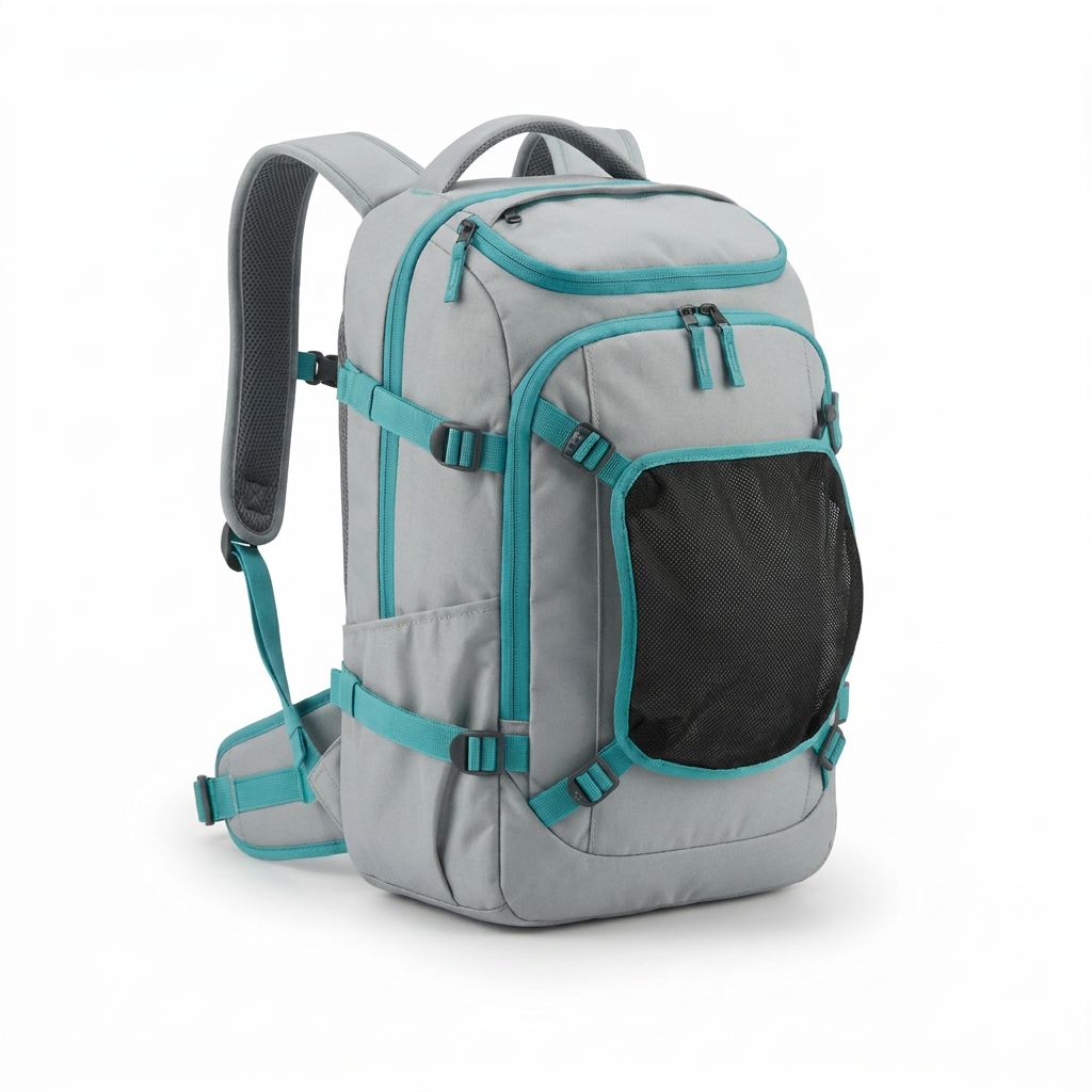 A studio photograph of the Bugatti K&B Sport Whistler Boot Pack in light grey and turquoise, angled to the right on a pure white background.