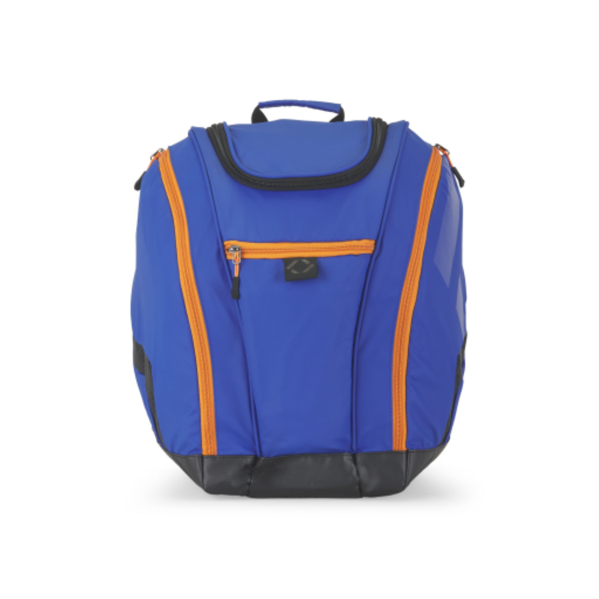 Junior Panorama 38L blue water-resistant ski boot backpack with vibrant orange zippers.