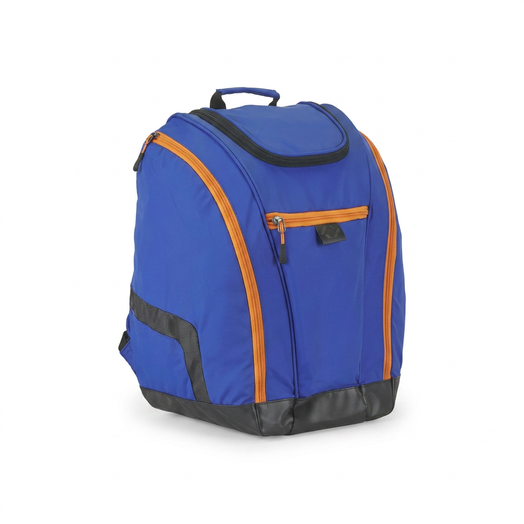 A photorealistic studio photo of the Bugatti K&B Sport Junior Panorama Boot Backpack in blue and orange, angled to the left on a white background.