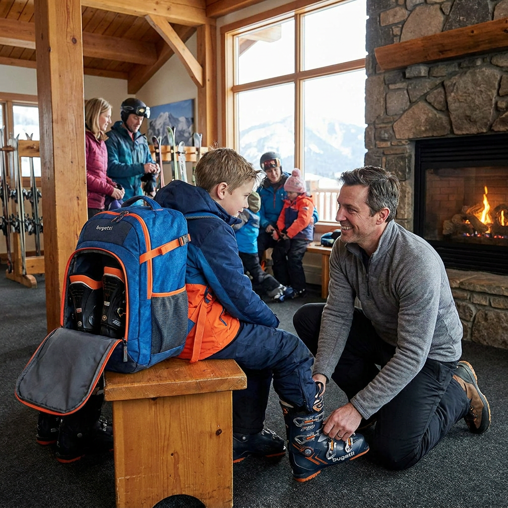 A father helps his son put on ski boots in a cozy ski lodge, while the blue and orange Bugatti K&B Sport Junior Panorama Boot Backpack sits open on the bench next to them.